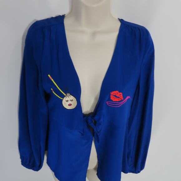 Yumi Kim Dewy Dumpling Silk Long Sleeve Chest Front Tie Blue Top Size Medium - Picture 3 of 8